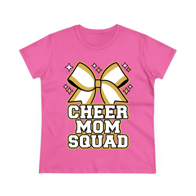 A giant sparkling cheer bow, CHEER MOM SQUAD, on an azalea women's t-shirt