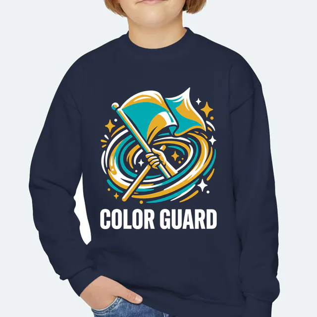 A twirling flag in a spiral of sparkles, COLOR GUARD, on a navy youth crewneck