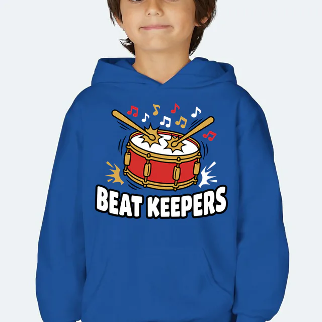 A snare drum with bouncing sticks, BEAT KEEPERS, on a royal youth hoodie