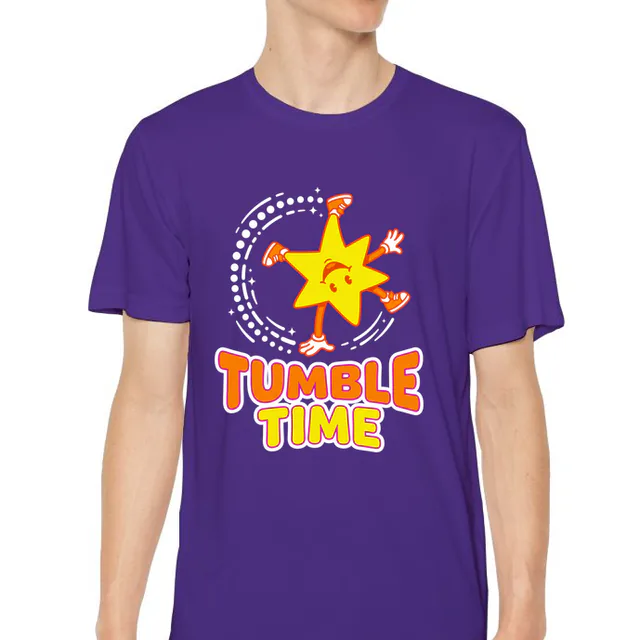 A cartwheeling star along a dotted arc, TUMBLE TIME, on a purple youth performance tee