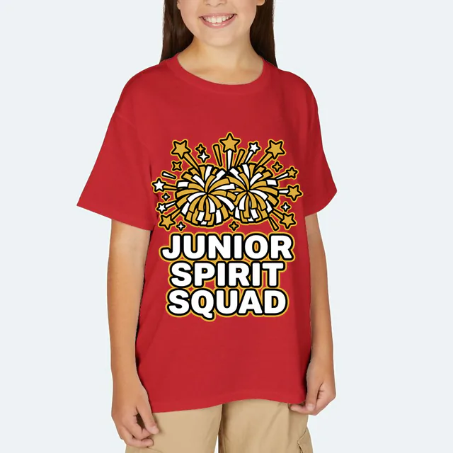 Pom-poms bursting like fireworks, JUNIOR SPIRIT SQUAD, on a red youth t-shirt
