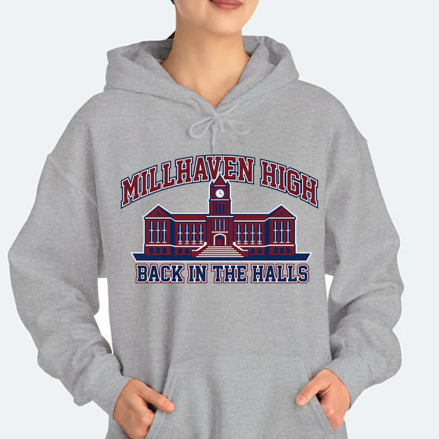 The old brick school with its clock tower, BACK IN THE HALLS, on a sport gray adult hoodie