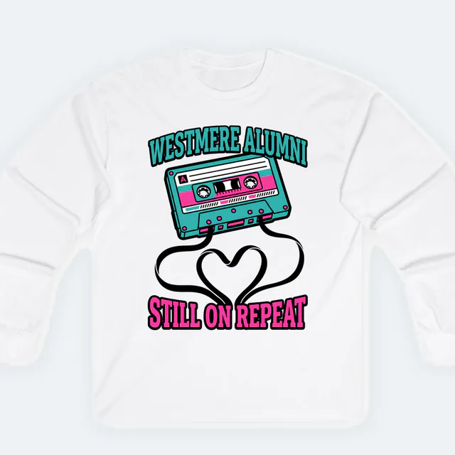 A cassette unspooling into a heart, STILL ON REPEAT, on a white adult long sleeve