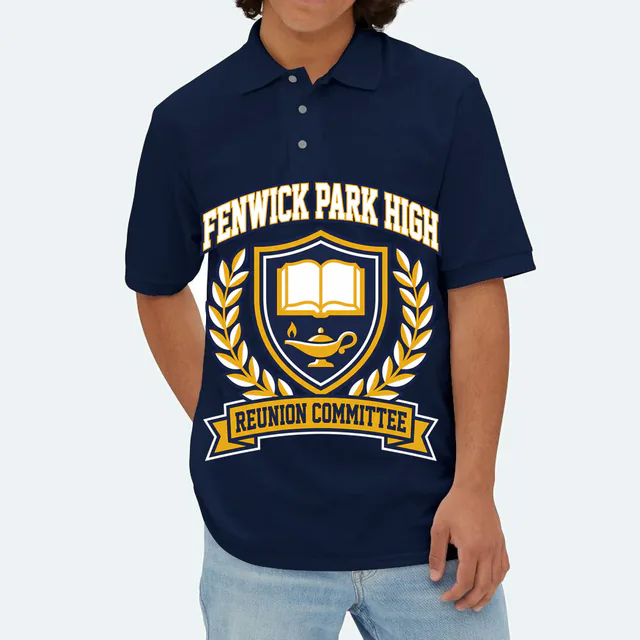 A book and laurel crest for the Fenwick Park reunion committee, on a navy adult polo