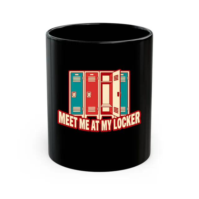 A row of lockers with one open, MEET ME AT MY LOCKER, on a black mug