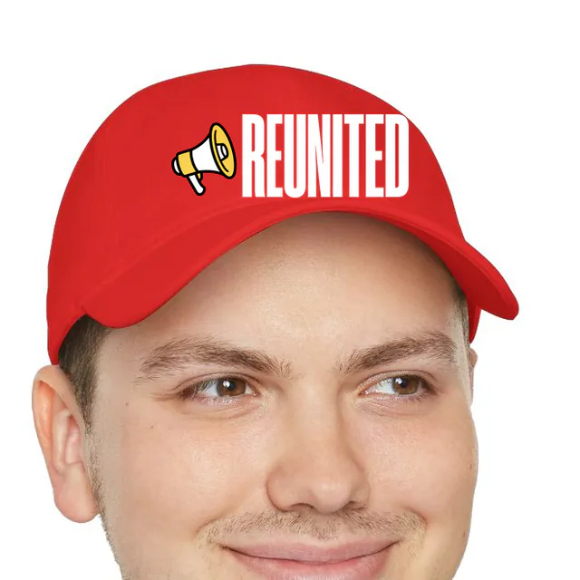 A megaphone beside REUNITED, on a red dad hat