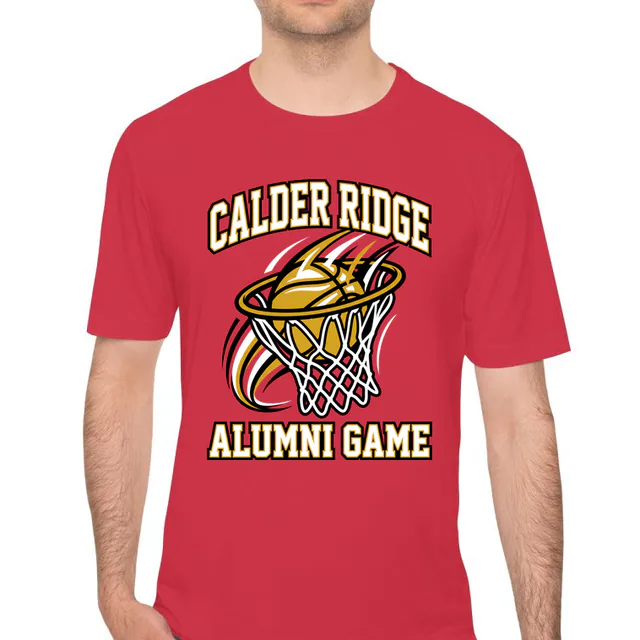 A basketball swishing through the net for the alumni game, on a red performance tee