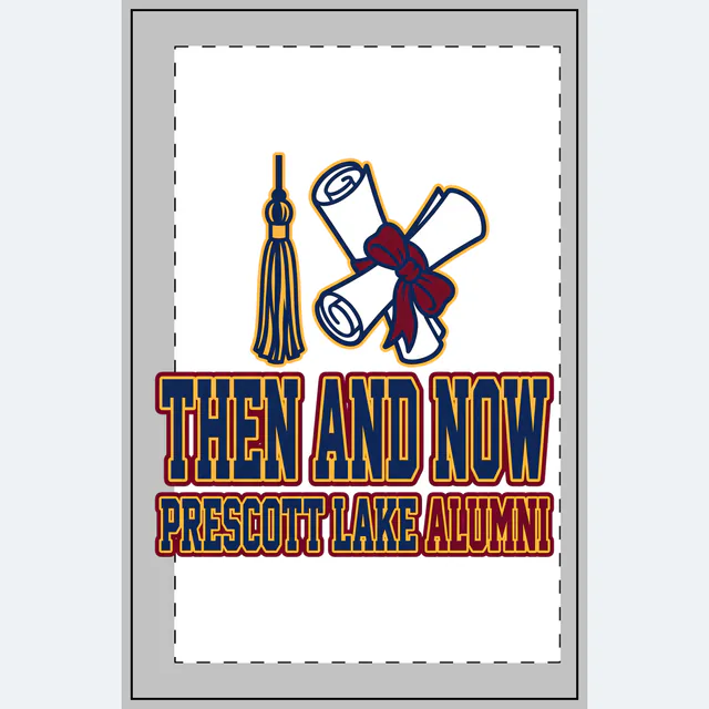 A tassel and a rolled diploma, THEN AND NOW, on a white dotted notebook
