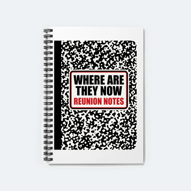 A speckled cover with a label, WHERE ARE THEY NOW, on a white spiral notebook