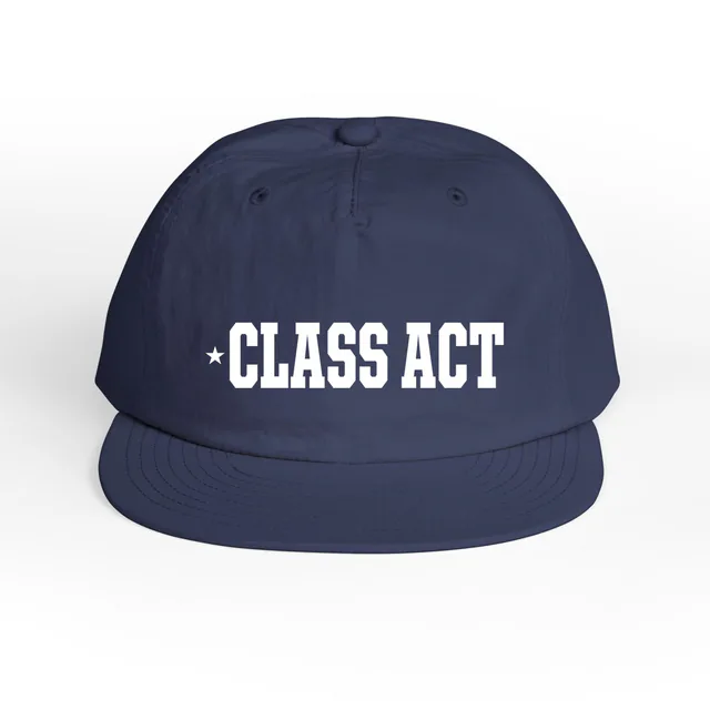 A small star beside CLASS ACT, on a cobalt surf cap