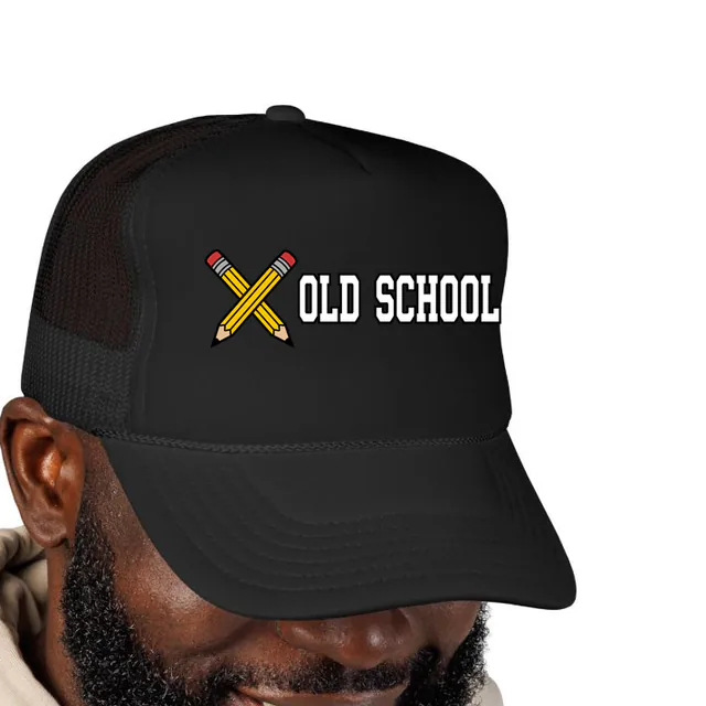 Crossed pencils beside OLD SCHOOL, on a black foam trucker hat