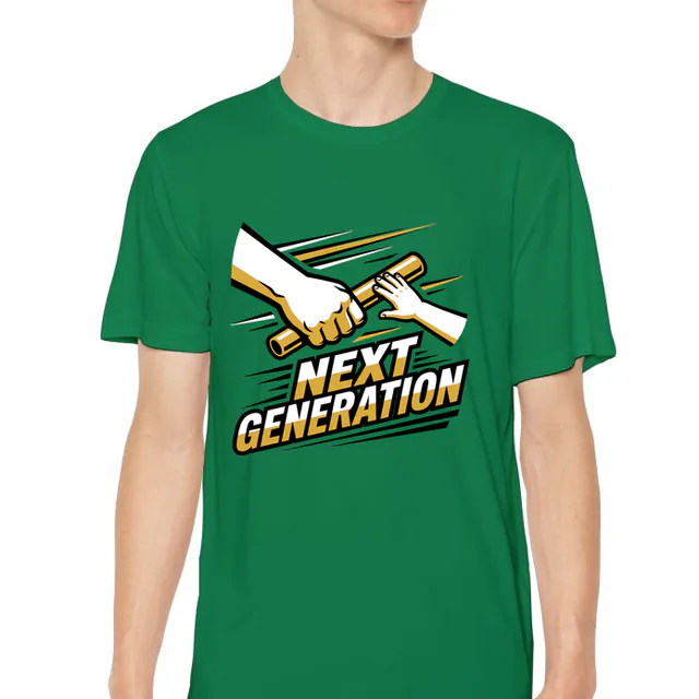 A baton passed from a big hand to a small one, NEXT GENERATION, on a kelly green youth performance tee