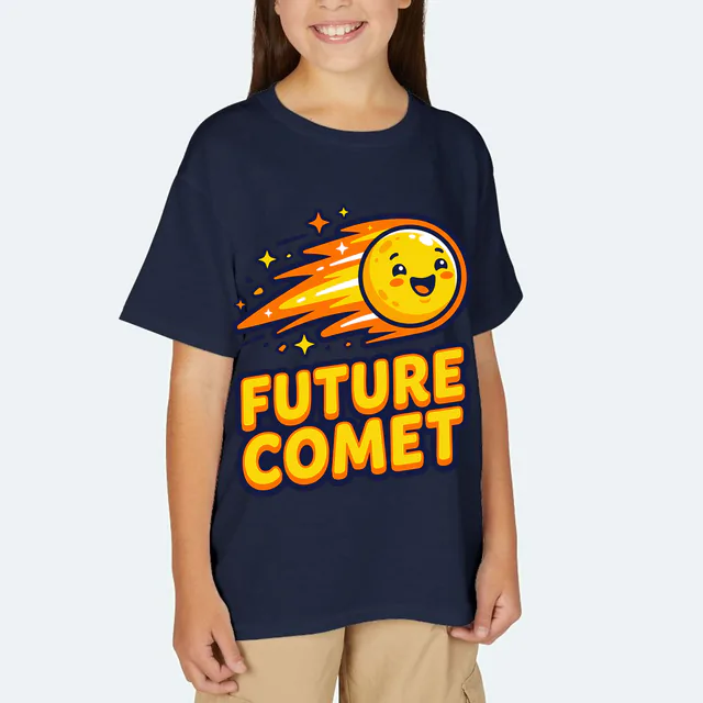 A smiling baby comet, FUTURE COMET, on a navy youth t-shirt