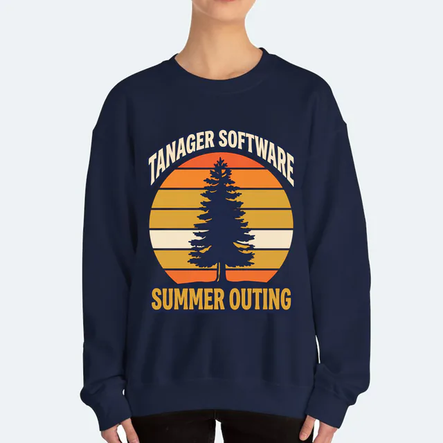 A striped retro sunset behind a pine for the Tanager outing, on a navy adult crewneck