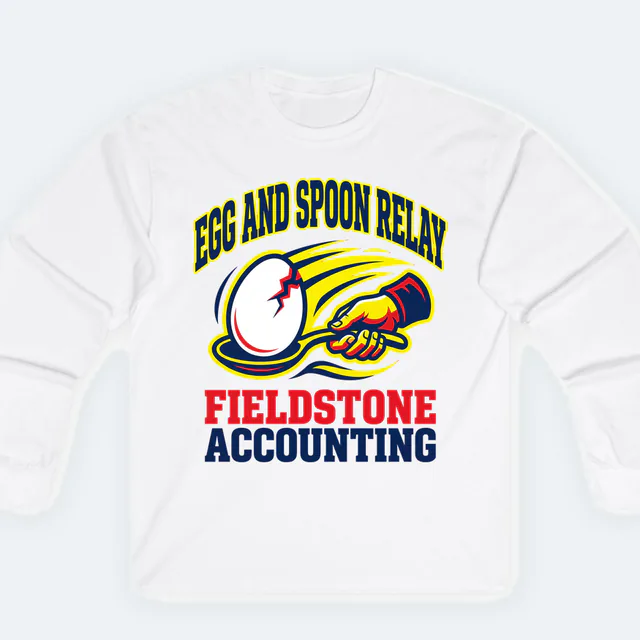 A cracking egg on a spoon for the Fieldstone relay, on a white adult long sleeve