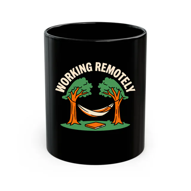 A hammock between two trees, WORKING REMOTELY, on a black mug