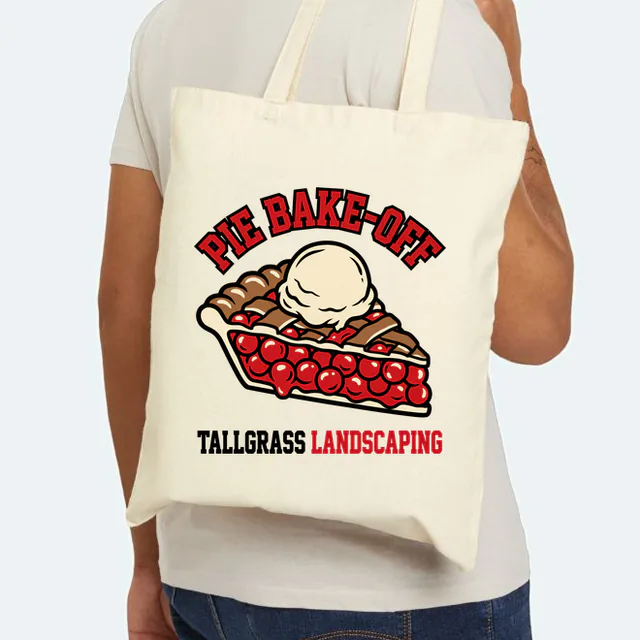 A slice of cherry pie for the Tallgrass bake-off table, on a natural canvas tote