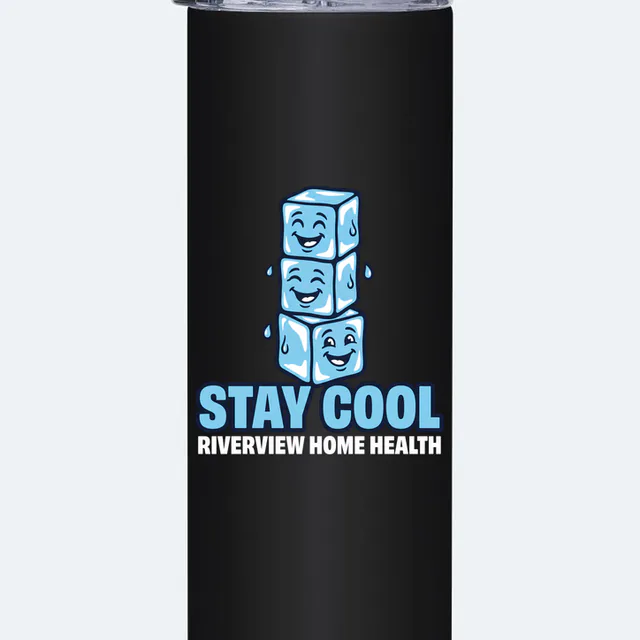 Three smiling ice cubes over STAY COOL, on a black steel tumbler