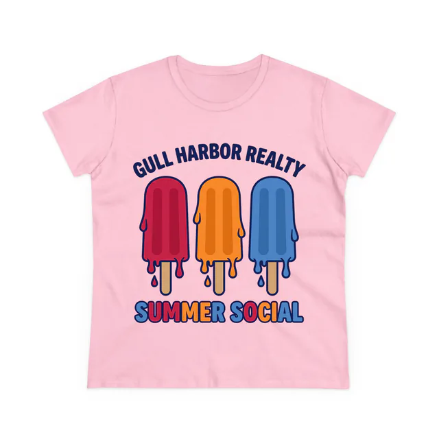 Three dripping ice pops for the Gull Harbor summer social, on a light pink women's t-shirt