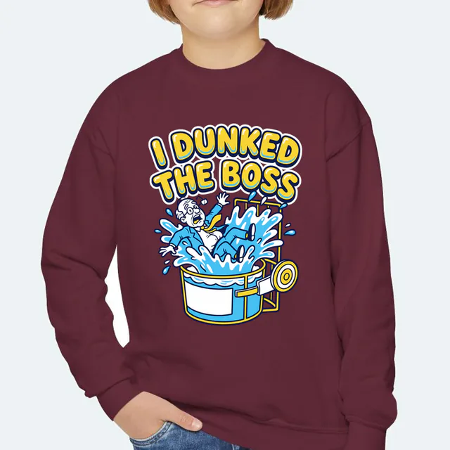A boss in a necktie splashing down, I DUNKED THE BOSS, on a maroon youth crewneck