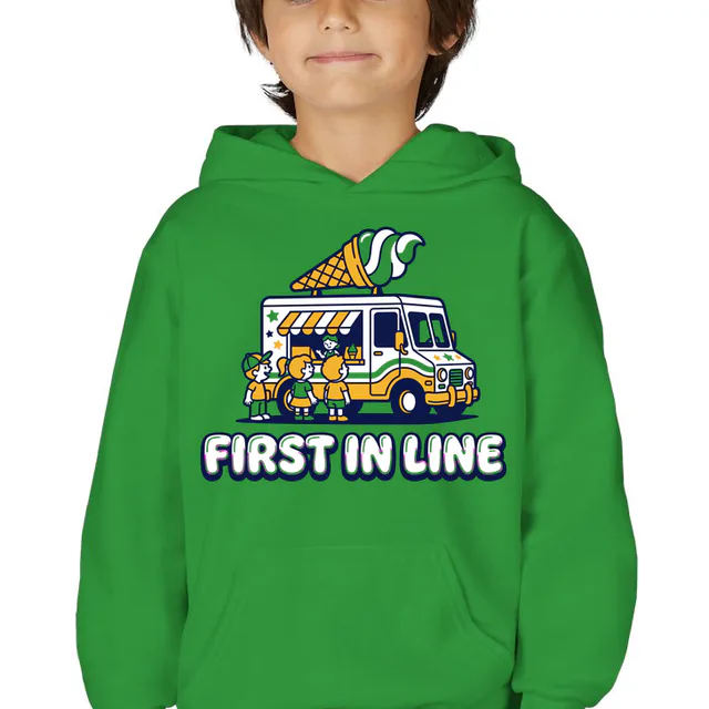 Kids lined up at the ice cream truck, FIRST IN LINE, on a kelly green youth hoodie