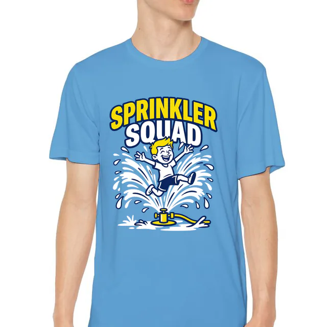A kid leaping through the sprinkler, SPRINKLER SQUAD, on a carolina blue youth performance tee