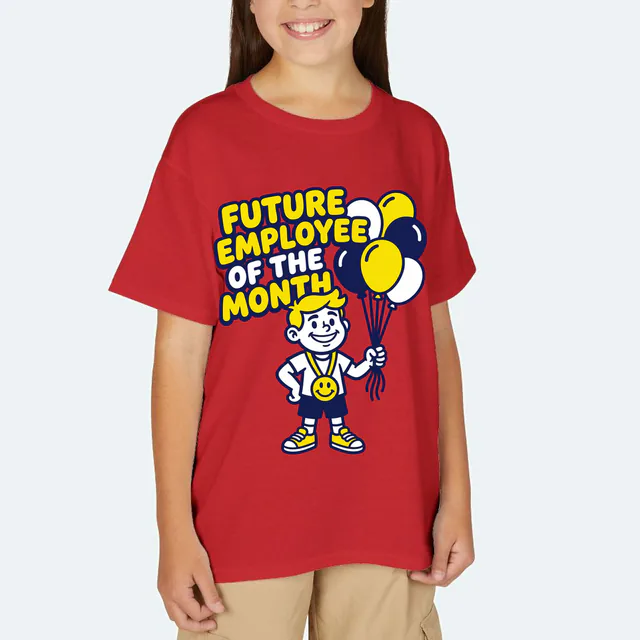 A kid with balloons and a lanyard, FUTURE EMPLOYEE OF THE MONTH, on a red youth t-shirt