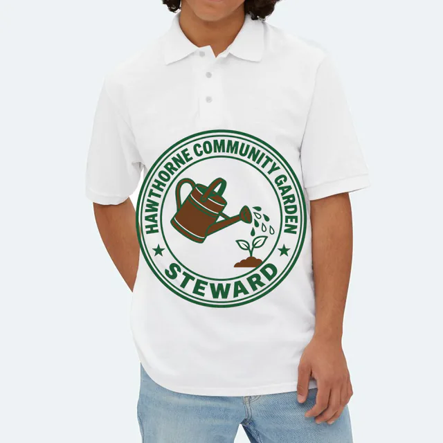 A watering can emblem for the Hawthorne Community Garden, on a white adult polo