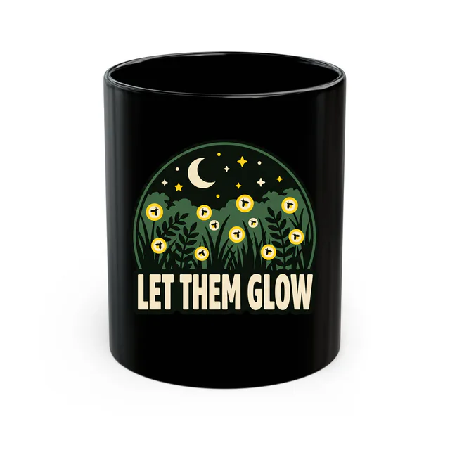 Fireflies glowing over a meadow, LET THEM GLOW, on a black mug