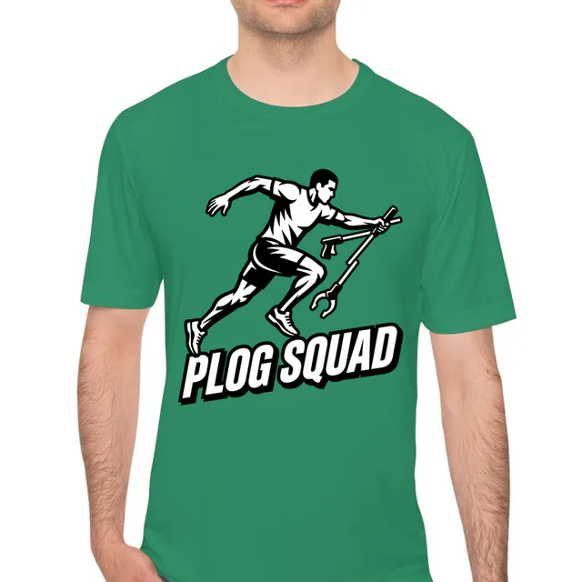 A runner with a litter grabber for the PLOG SQUAD, on a kelly green performance tee