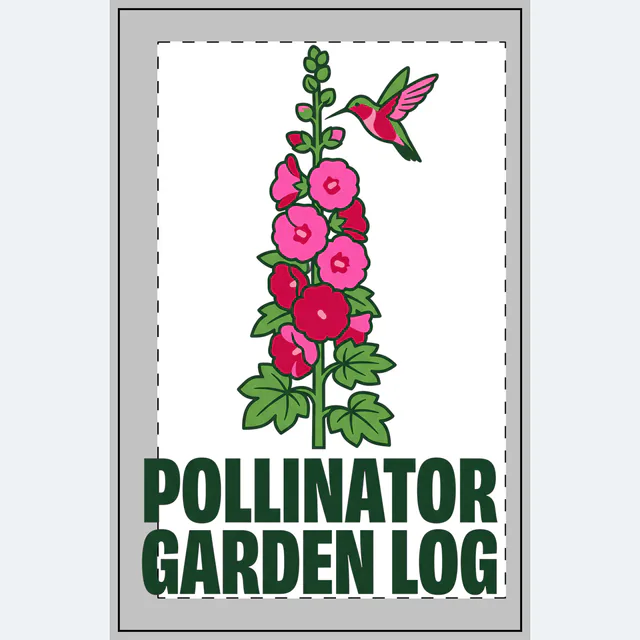 A hummingbird at the hollyhocks, POLLINATOR GARDEN LOG, on a white dotted notebook