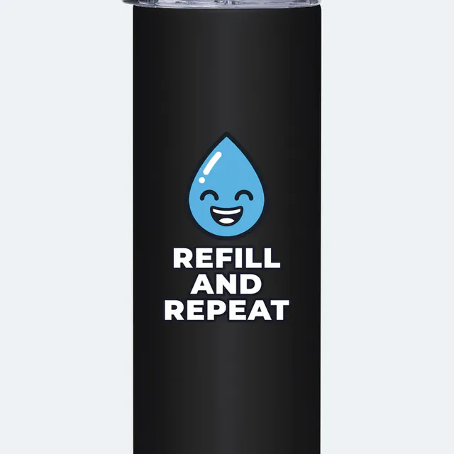 A smiling water droplet over REFILL AND REPEAT, on a black steel tumbler