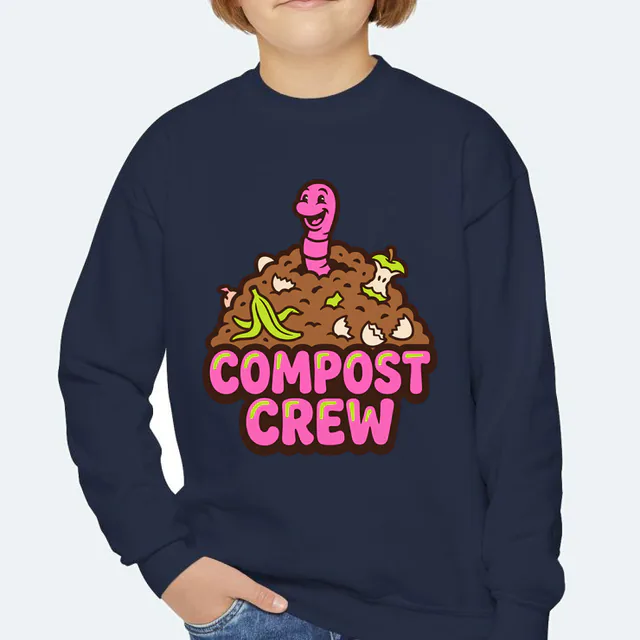 An earthworm popping out of the compost, COMPOST CREW, on a navy youth crewneck