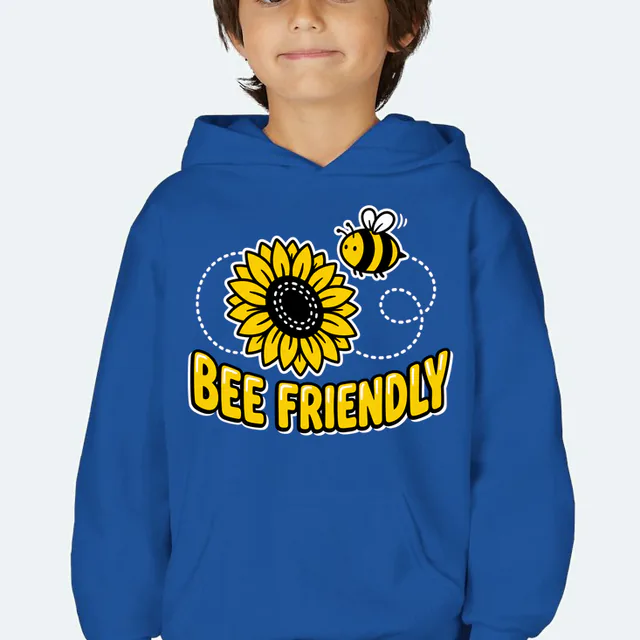 A bumblebee looping around a sunflower, BEE FRIENDLY, on a royal youth hoodie