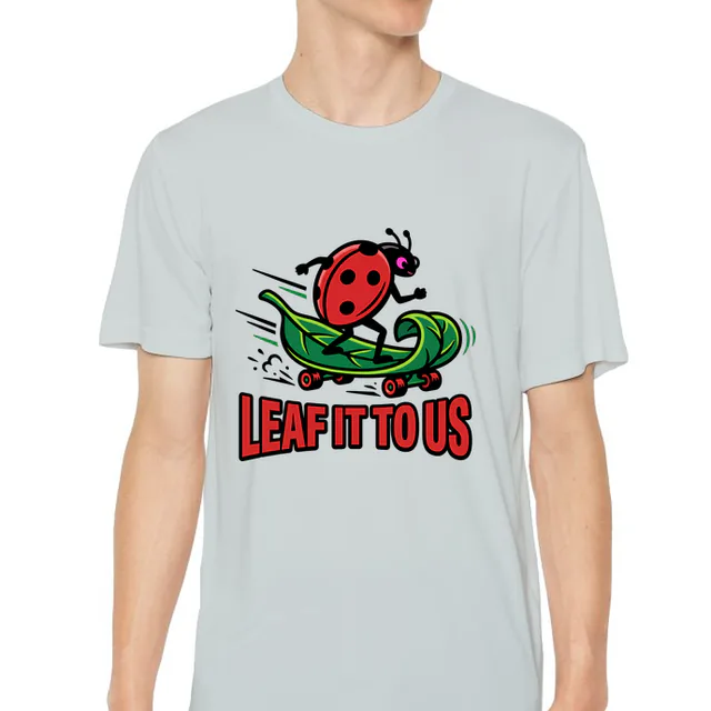 A ladybug skating on a leaf, LEAF IT TO US, on a silver youth performance tee