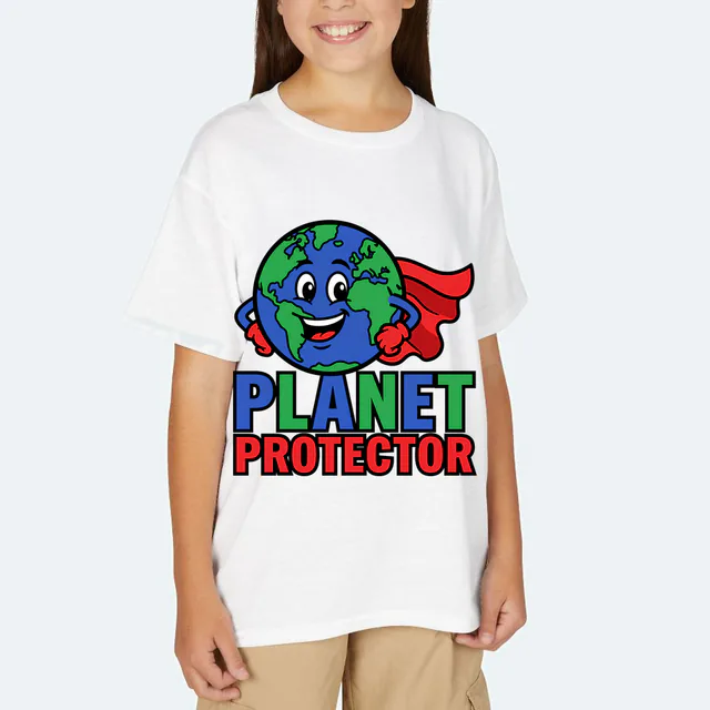 A caped planet Earth in a hero pose, PLANET PROTECTOR, on a white youth t-shirt