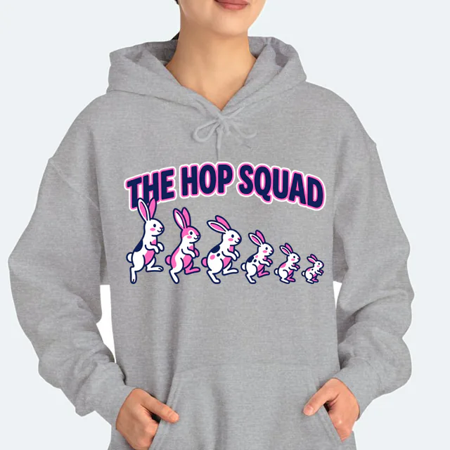 Bunnies hopping in a line, tallest to tiniest, THE HOP SQUAD, on a sport gray adult hoodie