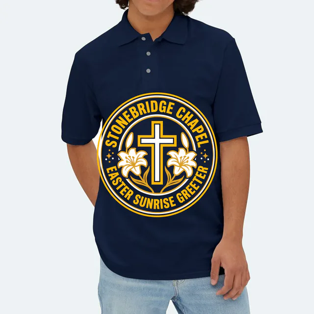 A cross and lilies emblem for the Stonebridge Chapel greeters, on a navy adult polo