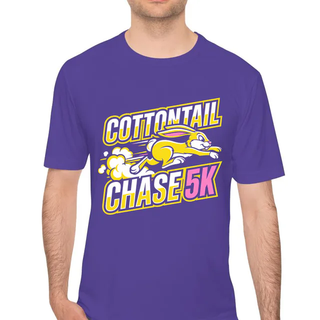 A sprinting bunny for the Cottontail Chase 5K, on a purple performance tee