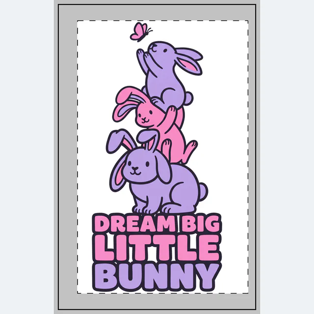 Stacked bunnies reaching for a butterfly, DREAM BIG LITTLE BUNNY, on a white dotted notebook