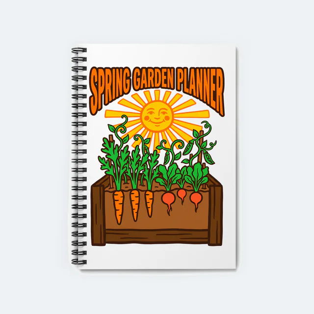 Carrots and radishes in a garden bed, SPRING GARDEN PLANNER, on a white spiral notebook