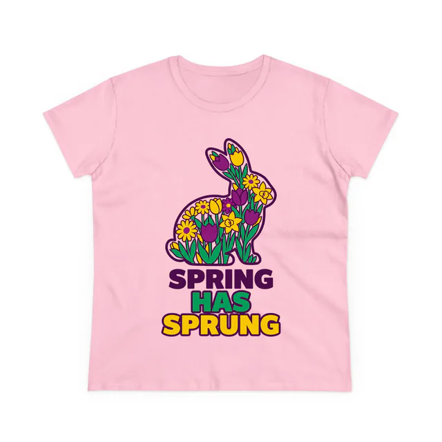A bunny silhouette full of spring flowers, SPRING HAS SPRUNG, on a light pink women's t-shirt