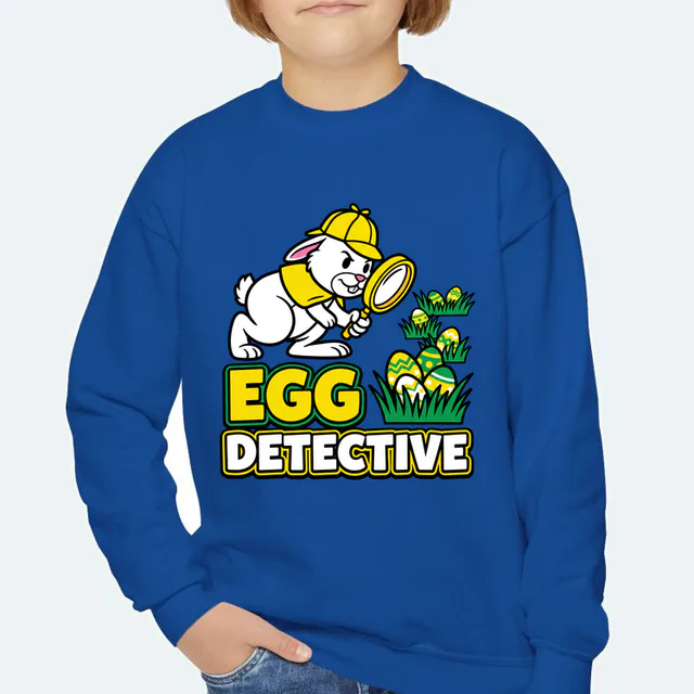 A bunny with a magnifying glass on the trail, EGG DETECTIVE, on a royal youth crewneck