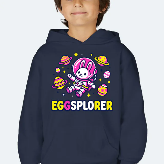 EGGSPLORER, a bunny astronaut among egg planets, on a navy youth hoodie