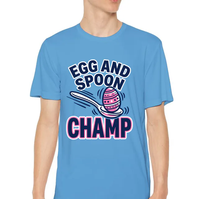 A wobbling egg on a racing spoon, EGG AND SPOON CHAMP, on a carolina blue youth performance tee