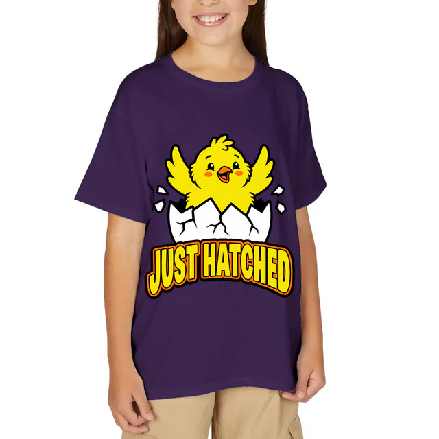 A chick bursting out of its egg, JUST HATCHED, on a purple youth t-shirt