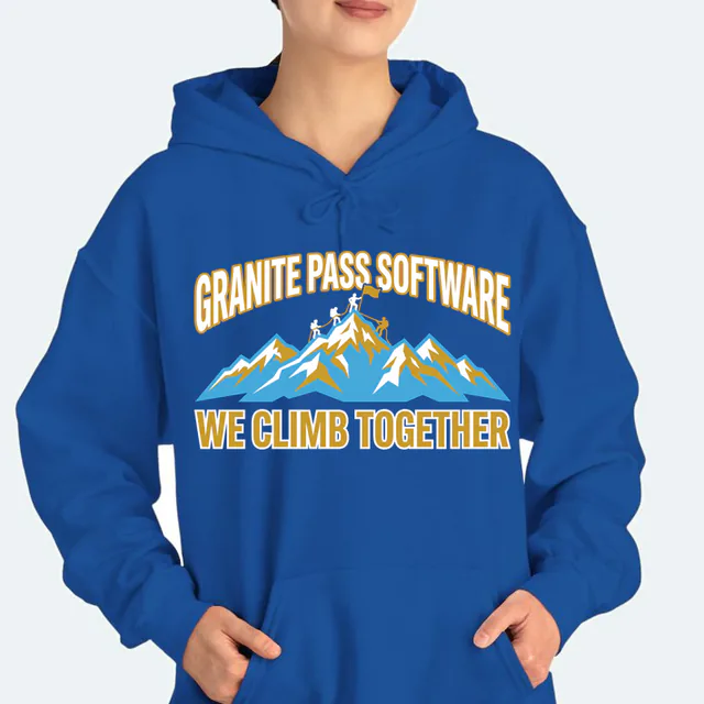Roped climbers planting a flag for Granite Pass Software, on a royal adult hoodie