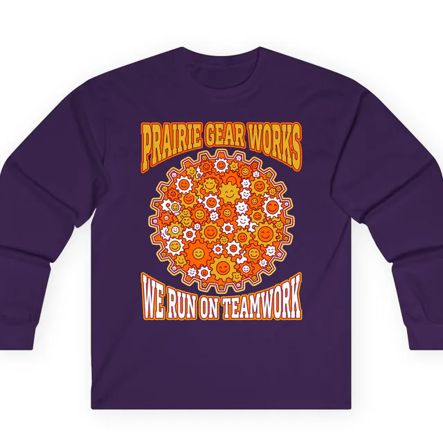 Smiling interlocking gears, WE RUN ON TEAMWORK, on a purple adult long sleeve