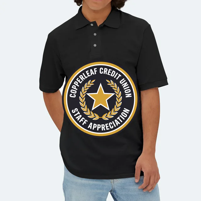 A laurel and star emblem for Copperleaf Credit Union staff, on a black adult polo