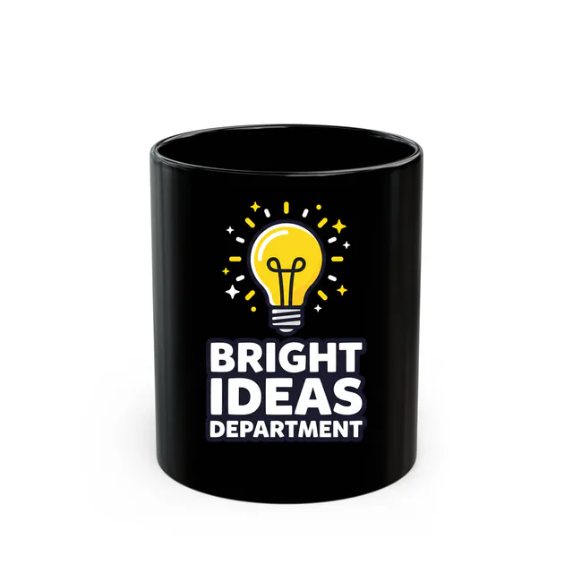 A glowing lightbulb, BRIGHT IDEAS DEPARTMENT, on a black mug